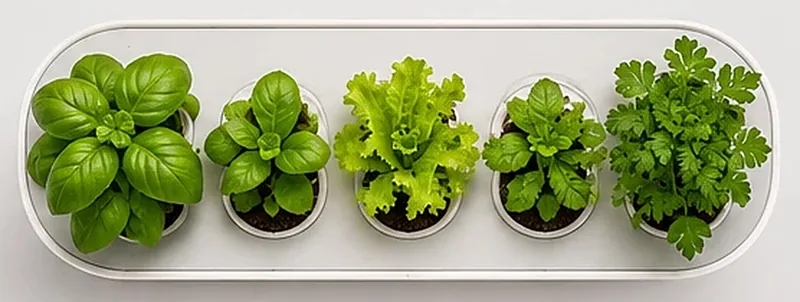 Capsules de basilic, laitue et persil vues de dessus dans la jardinière