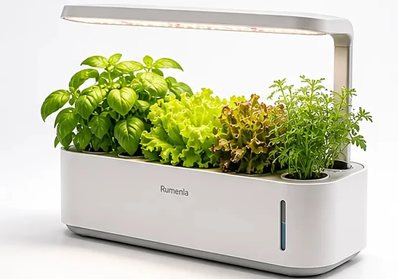 Jardinière Rumenla de trois quarts, avec sa fenêtre de niveau d’eau