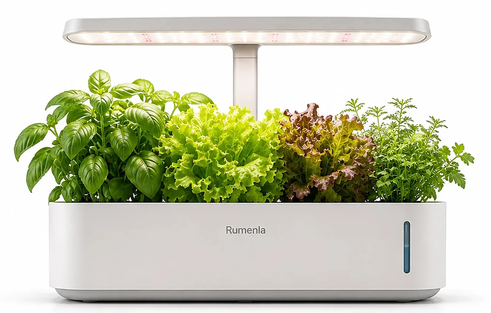 Rumenla Smart Indoor Garden — jardinière blanche avec basilic, laitues et persil sous la lampe LED