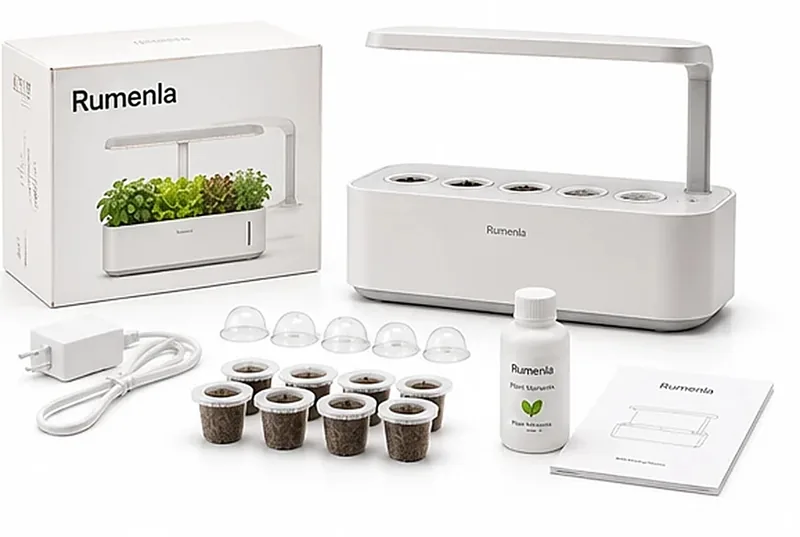 Contenu de la boîte Rumenla : jardinière avec lampe, capsules, dômes, nutriments, adaptateur et guide
